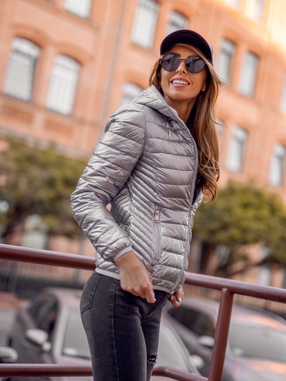 Srebrna prošivena prijelazna ženska jakna s kapuljačom Bolf B9561