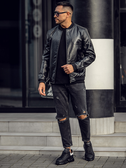 Muška crna kožna bomber jakna Bolf 6803B