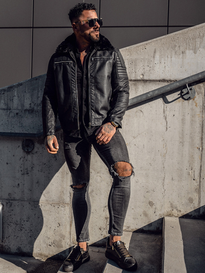 Crna muška kožna jakna s krznom Bolf 11Z8013