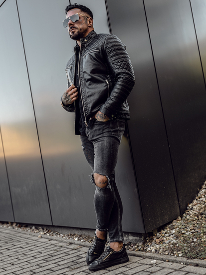 Crna muška kožna jakna Bolf biker 11Z8002