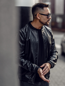 Muška crna kožna bomber jakna Bolf 6803B