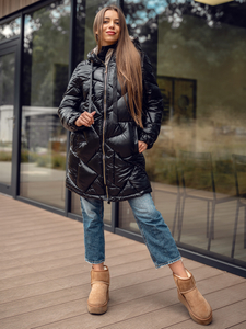 Crni dugi prošiveni ženski zimski kaput s kapuljačom Bolf 5M3189