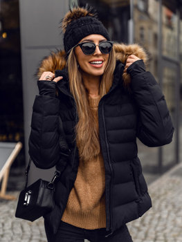 Crna prošivena jakna ženska zimska s kapuljačom Bolf 5M768
