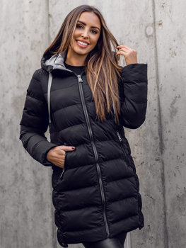 Crni duga prošivena ženska jakna s kapuljačom Bolf 7081