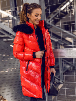 Crvena prošivena zimska ženska jakna s kapuljačom Denley 23069