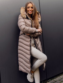 Smeđi ženski dugi prošiveni zimski kaput s prirodnim krznom Bolf M699