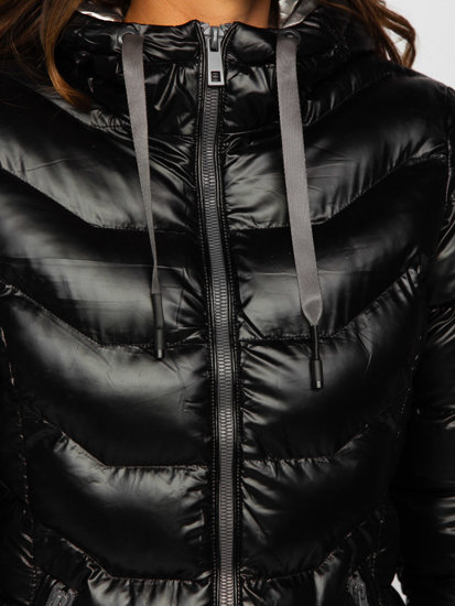 Crni duga prošivena ženska jakna s kapuljačom Bolf 7074