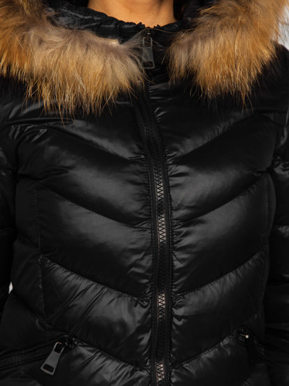 Crni ženski dugi prošiveni zimski kaput s prirodnim krznom Bolf M688