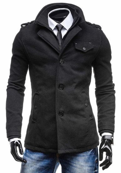 Jednoredni kaput muški s visokim ovratnikom crni Bolf 8853C