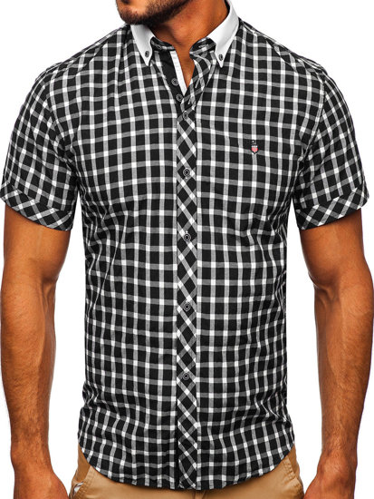 Koszula męska elegancka w kratę z krótkim rękawem czarna Bolf 5531