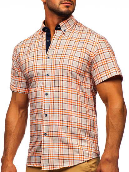 Narančasta muška karirana košulja kratkih rukava Bolf 201501