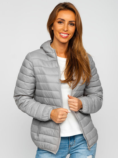 Siva prošivena prijelazna ženska jakna s kapuljačom Bolf M23036