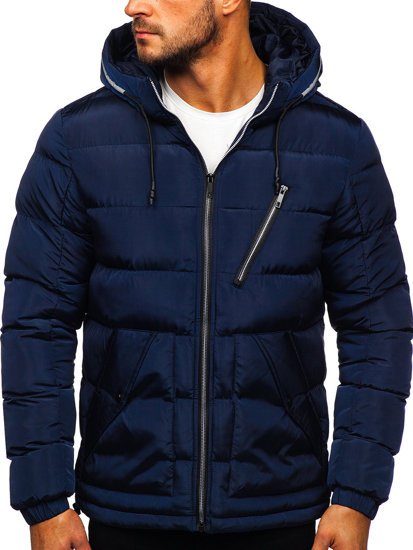 Tamnoplava prošivena jakna muška zimska s kapuljačom Bolf 1181