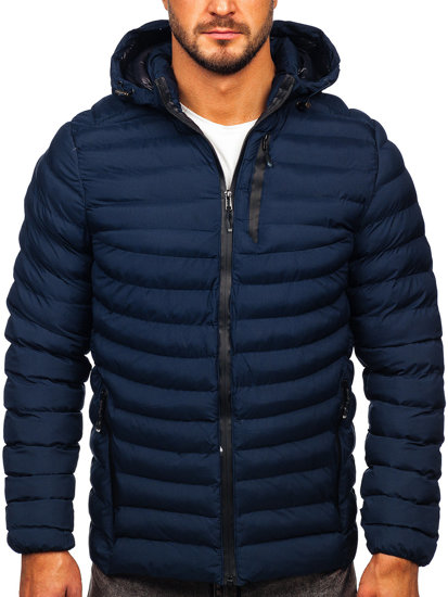 Tamnoplava prošivena muška zimska jakna s kapuljačom Bolf 13057
