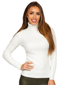 Bijeli rebrasni pulover ženski dolčevita Bolf 5809