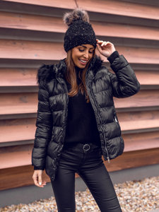 Crna prošivena ženska zimska jakna s kapuljašom Bolf 23067