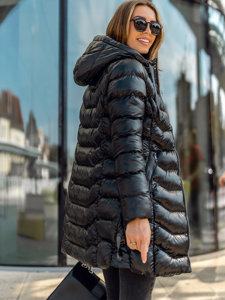 Crni duga prošivena ženska jakna s kapuljačom Bolf 7074