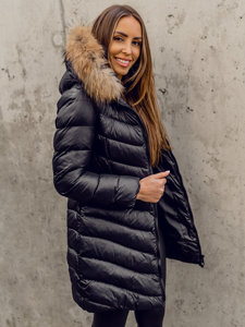 Crni ženski dugi prošiveni zimski kaput s prirodnim krznom Bolf M688