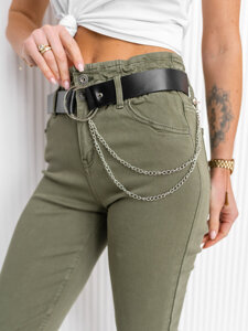 Kaki ženske traper hlače visokog struka s remenom Bolf LA689