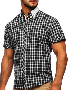Koszula męska elegancka w kratę z krótkim rękawem czarna Bolf 5531