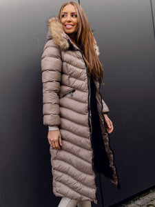 Smeđi ženski dugi prošiveni zimski kaput s prirodnim krznom Bolf M699